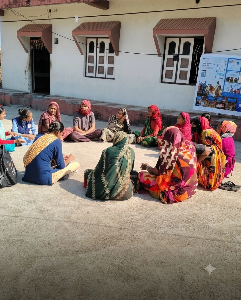 Rural women in a village listening to a NITARA field worker during a group meeting