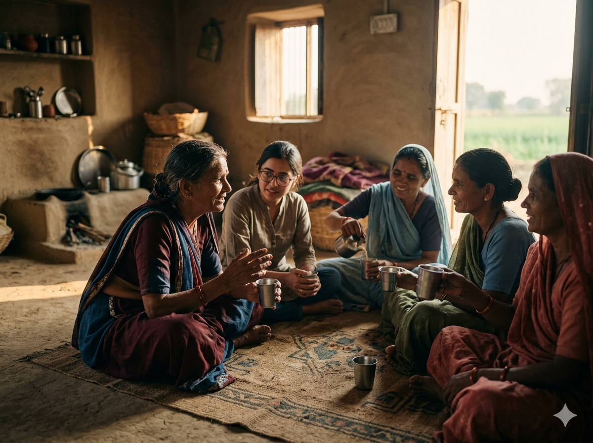 Field team sitting with women farmers in a village home