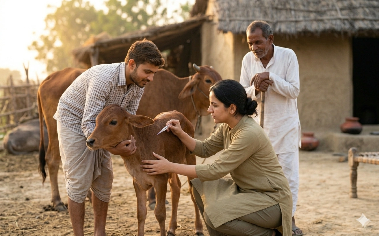 A field worker showing a farmer the result of the ₹4 mastitis paddle test on her own animal's milk